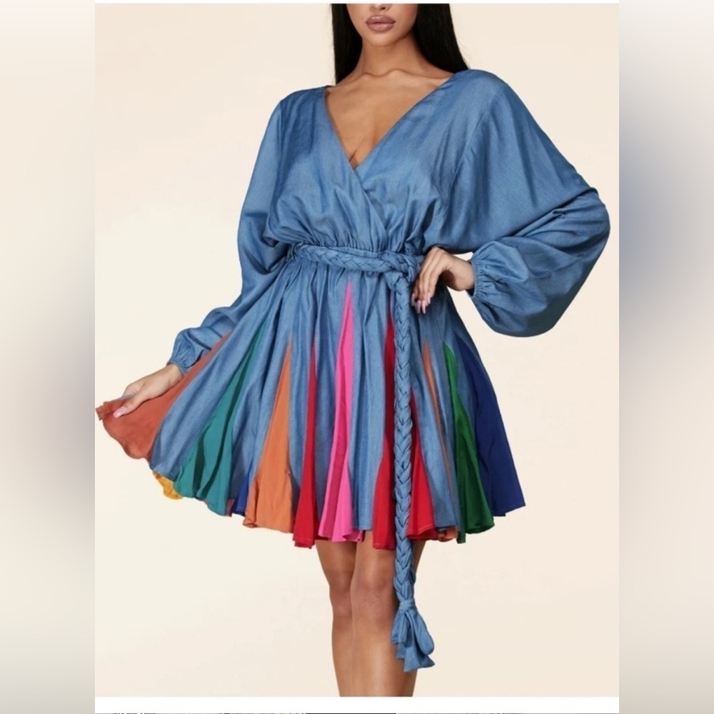 Multicolor Plus Denim Multicolor V-Neck Rainbow Tie Waist Swing Dress Size 1XL